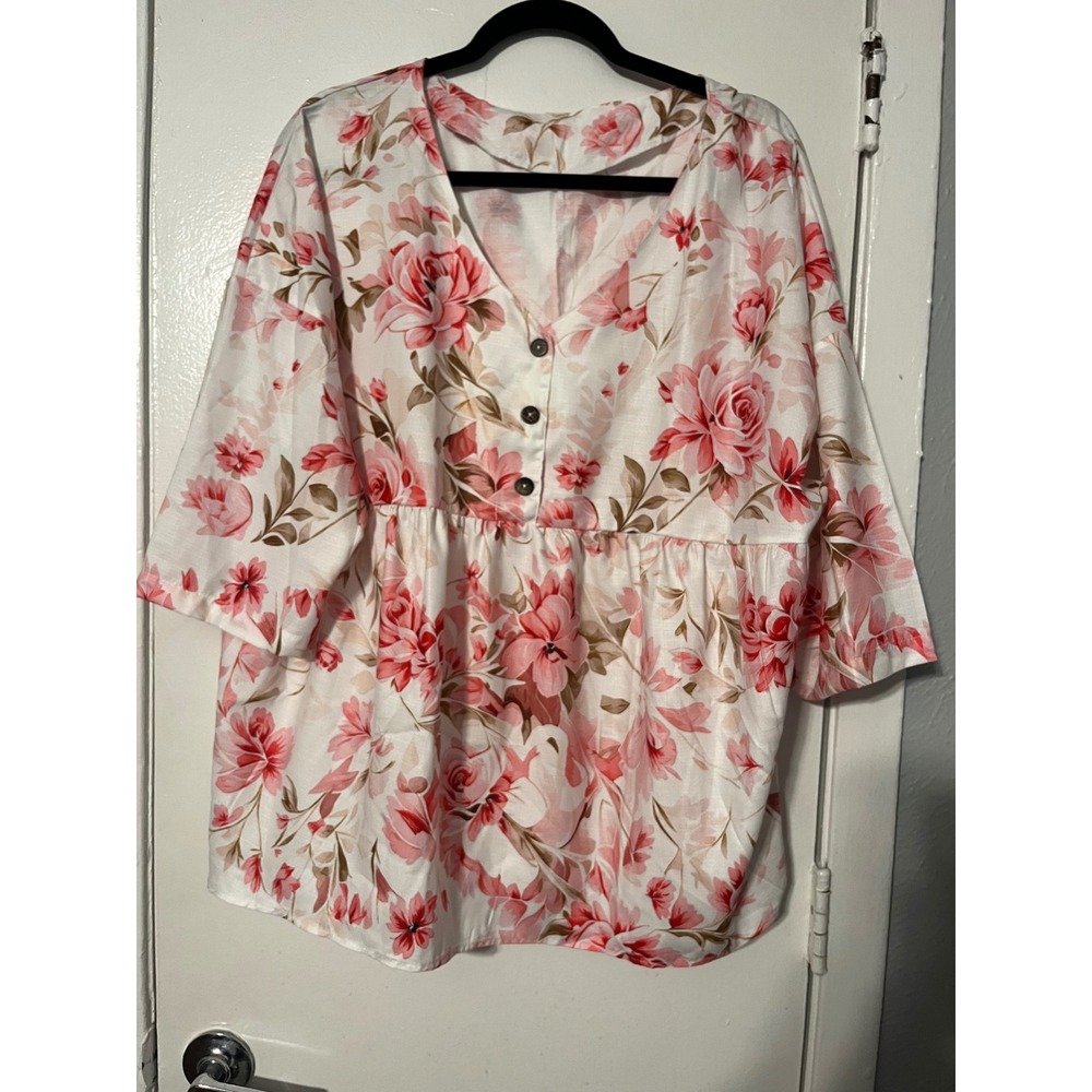 Oufisun Pink Floral Babydoll Top V-Neck 3/4 Sleeve Plus Size 3XL WhiteRose Print